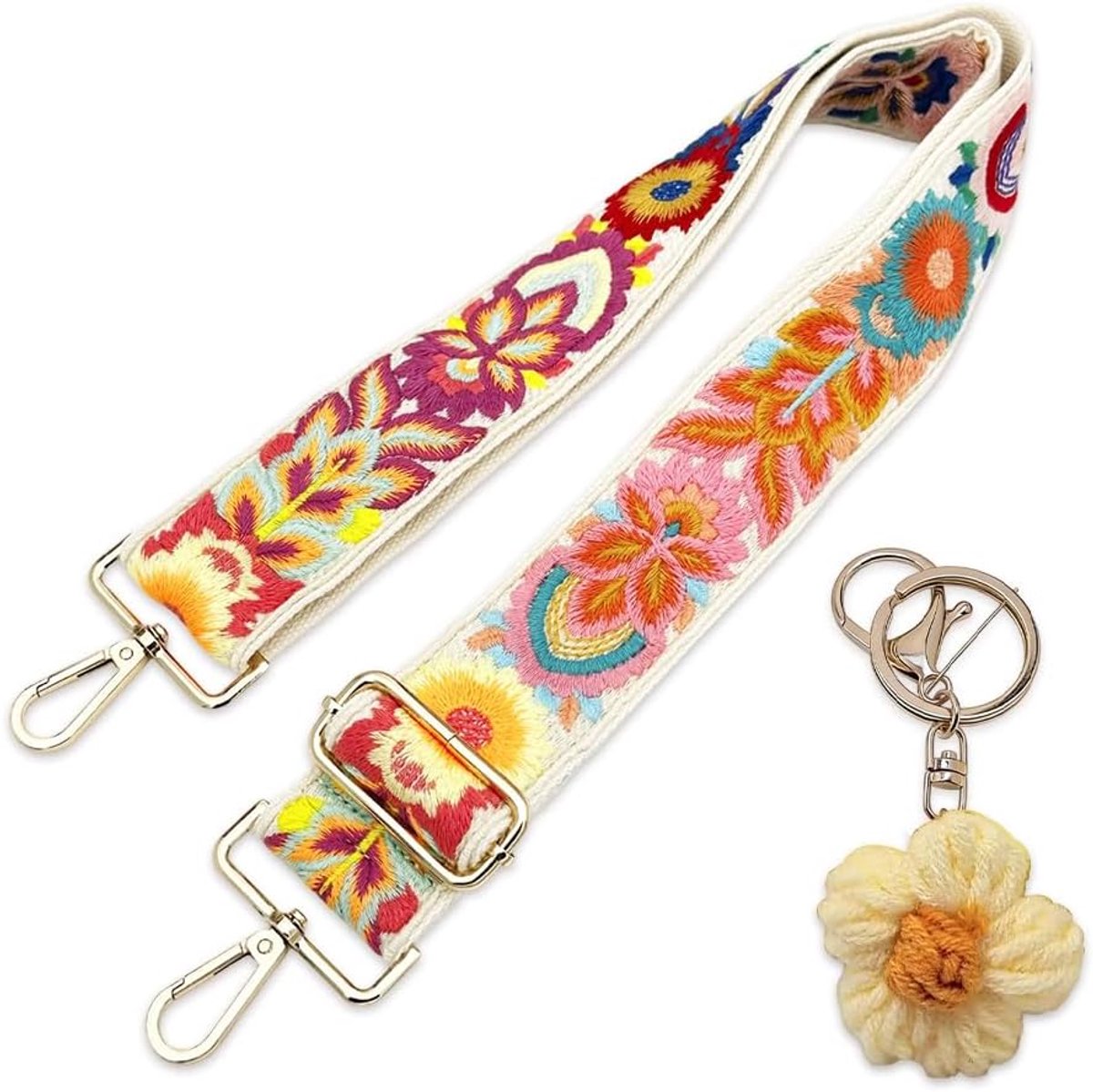 Riem voor dameshandtassen, geborduurd, met bloemen, verstelbaar, 85-135 cm, draaglus met borduurwerk, met bloemensleutelhanger, vervangbaar, voor schoudertas, beige