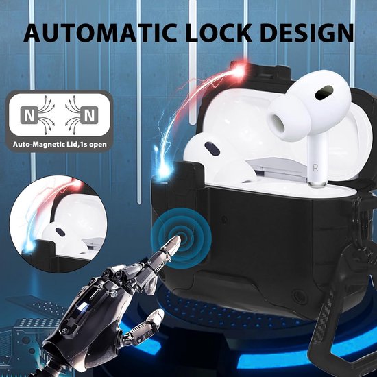 Beschermhoes voor AirPods Pro 3 (2025), magnetische beschermhoes met automatische opening, geïntegreerde telefoonstandaard en karabijnhaak, schokbestendig, zwart — afbeelding 4