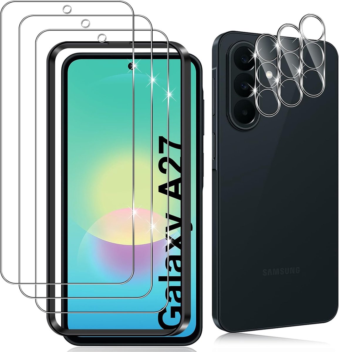 3 stuks pantserglas voor Samsung Galaxy A27 5G en 3 stuks camerabeschermingen, 9H hardheid gehard glas, anti-kras pantserfolie, luchtbelvrije beschermfolie, HD displaybeschermfolie