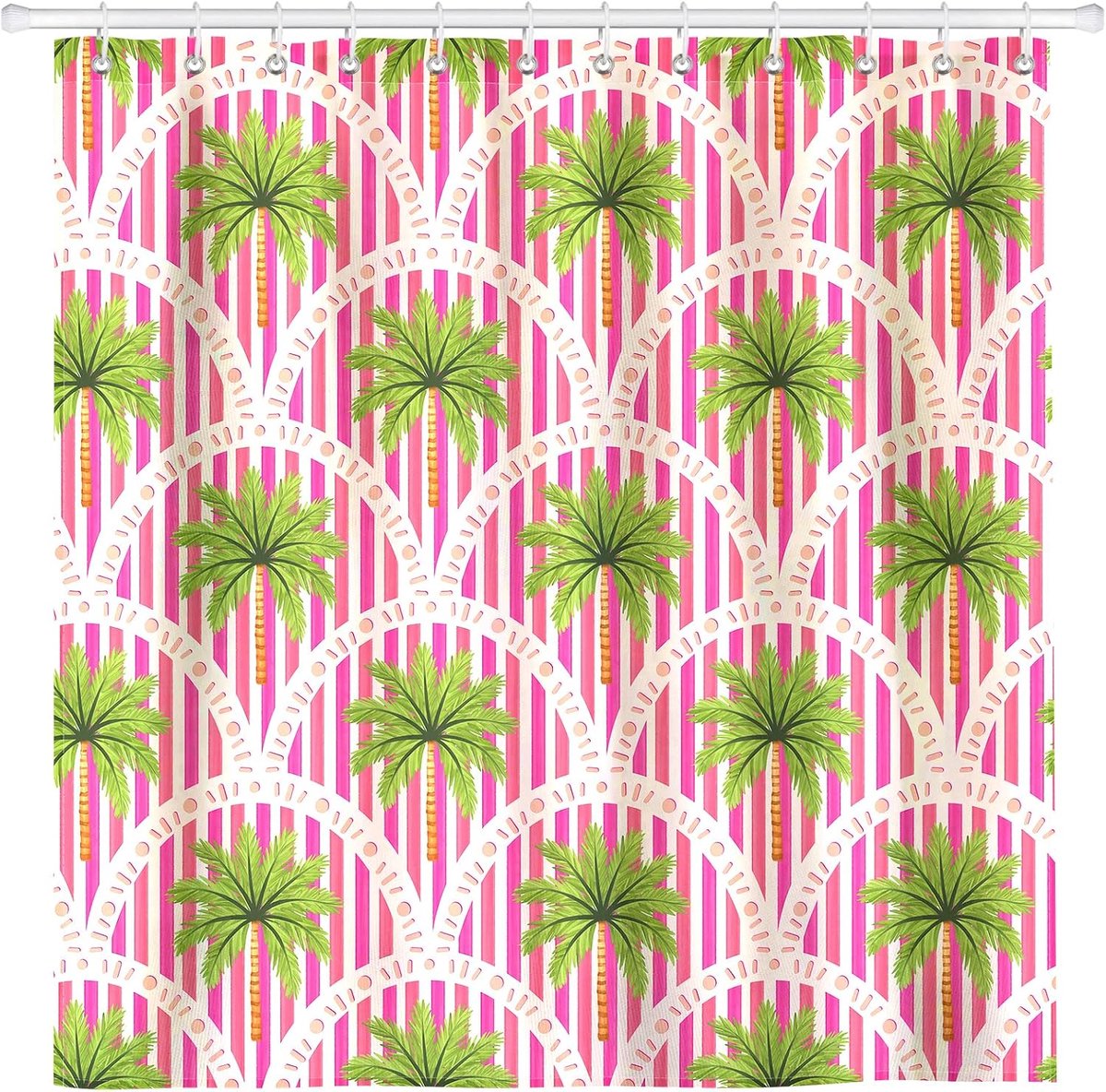 zomer roze palmboom douchegordijn 182 x 182 cm, waterdicht douchegordijn van polyester met 12 x haken, wasbaar in de wasmachine, voor badkamerinrichting