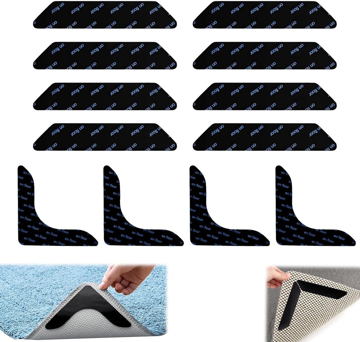 Image of 12 stuks antislip tapijten voor tapijten, antislip en herbruikbare tapijtgrijpers, antislip voor tapijten, matten voor alle gladde vloeren (zwart)