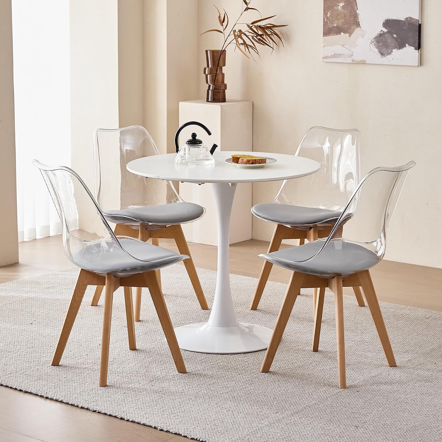 Transparante Design Eetkamerstoelen met Grijze PU-Leren Zitting en Beukenhouten Poten – Set van 6 – 42 x 49 x 83 cm – Moderne Kuipstoelen voor Eetkamer, Woonkamer en Kantoor