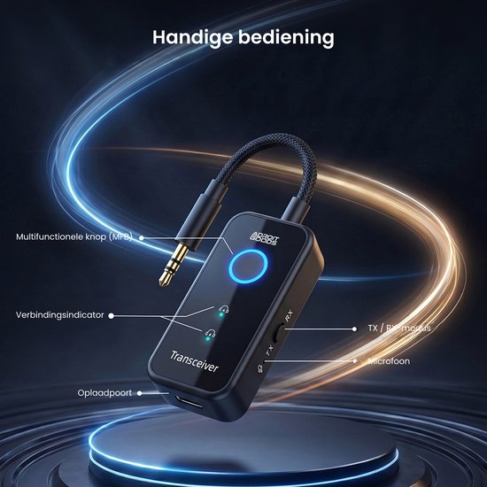 AdroitGoods Bluetooth 6.0 Zender en Ontvanger - 2-in-1 AUX Adapter 3,5 mm - Vliegtuig, Auto en TV - 18 Uur Accu - USB-C - Twee Koptelefoons - Zwart — afbeelding 3