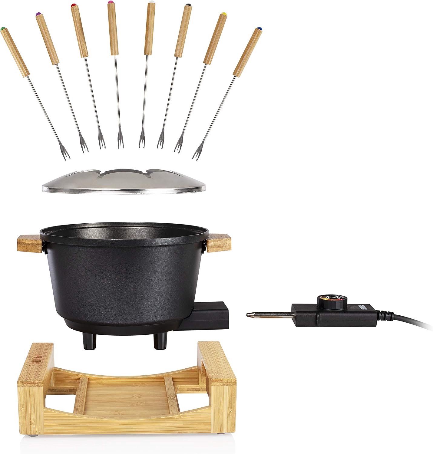 Elektrische Fondueset 8 Personen – 1,5 Liter – Instelbare Thermostaat – Bamboe Behuizing – Voor Vlees-, Kaas- en Chocoladefondue – Zwart – foto 5