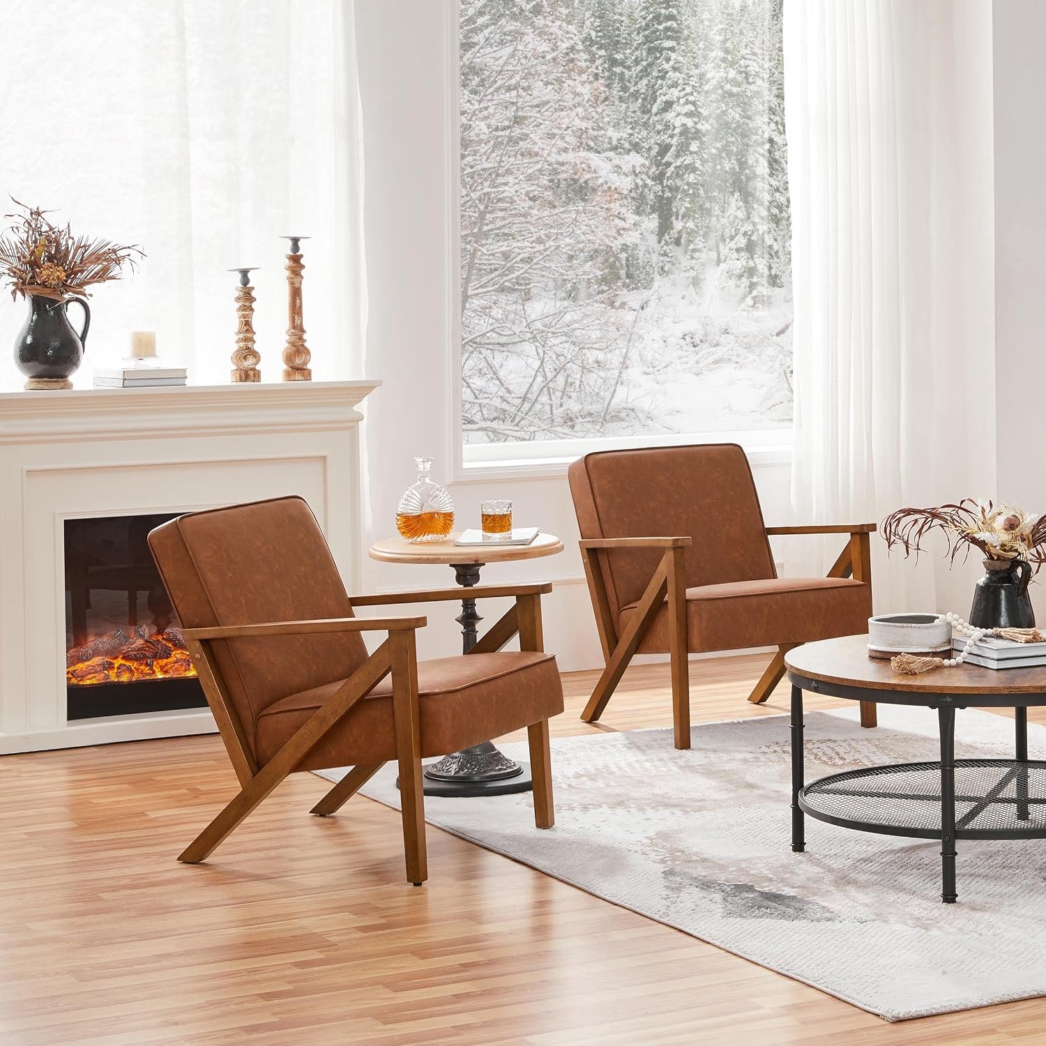 Vintage Relaxfauteuils Set van 2 – Kunstleren Tv-stoelen met Armleuningen en Massief Houten Poten – Lichtbruin – 78 x 57,5 x 79,5 cm – Woonkamer, Slaapkamer en Balkon