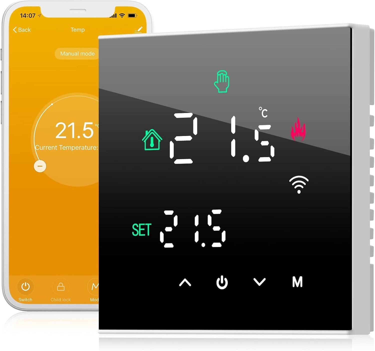 Slimme Thermostaat,WiFi kamerthermostaat,Programmeerbare Thermostaten voor gasketel Ondersteunt afstandsbediening en spraakbesturing, compatibel met en,Zwart