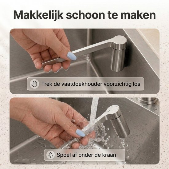 Instructie voor reiniging: trek de vaatdoekhouder los en spoel deze af onder de kraan.