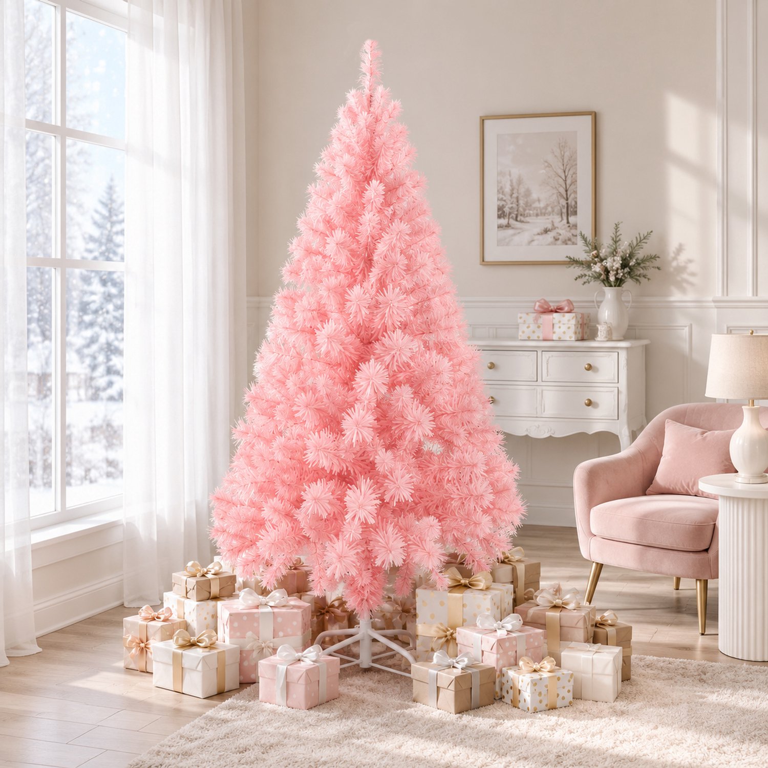 Froadp 180CM Roze kunstkerstboom, vlamvertragend pvc, natuurlijk ogende naalden, stevige standaard van roestvrij staal/kunststof, herbruikbaar, eenvoudig te monteren; geschikt voor woonkamers, etalages en bedrijfspanden. – foto 6