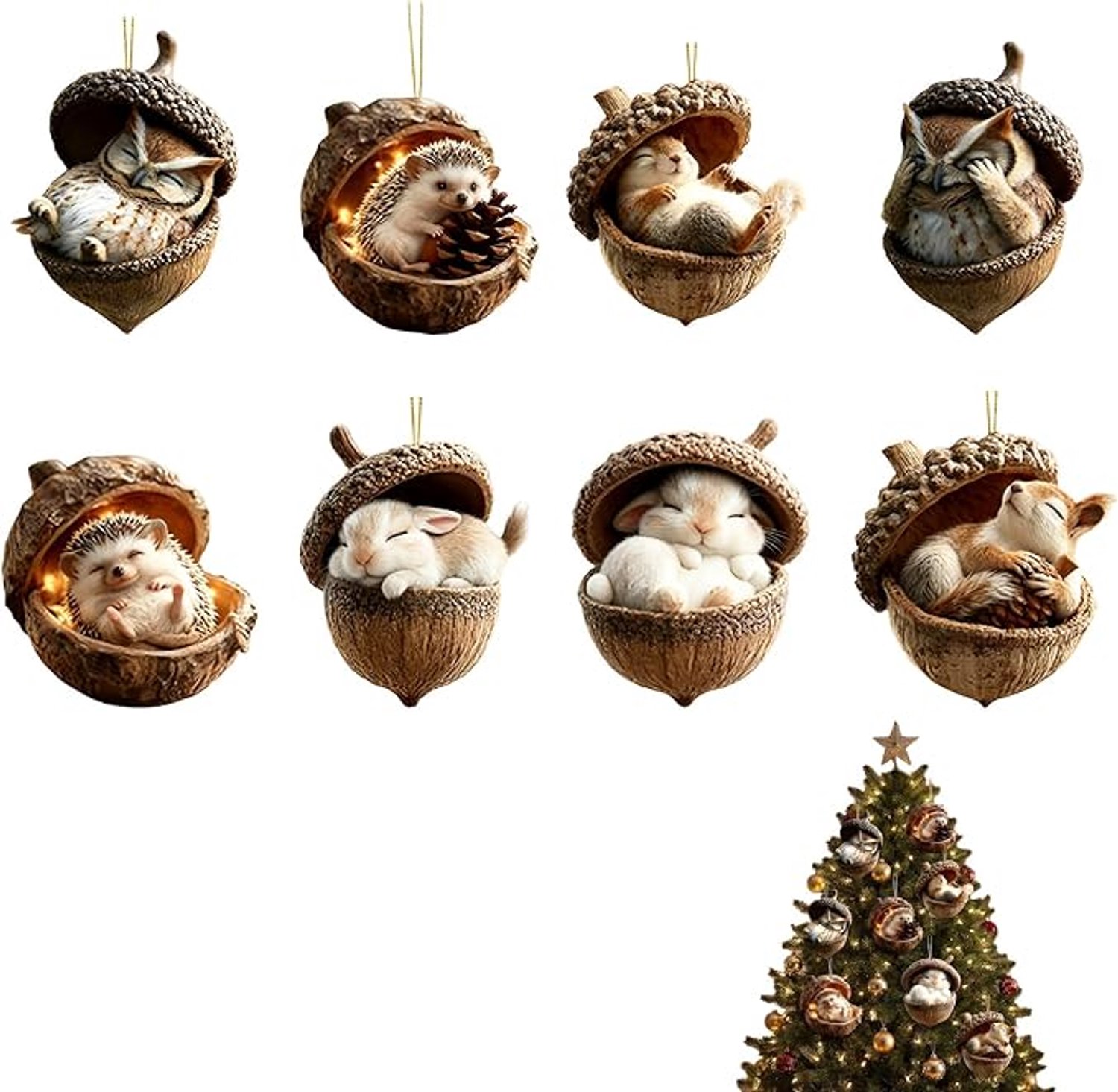 SKIEHAN 8-delige acryl kerstornamentenset met bosdieren en eikels, 2D-design - perfect voor kerstversieringsfeestjes. Veelkleurig