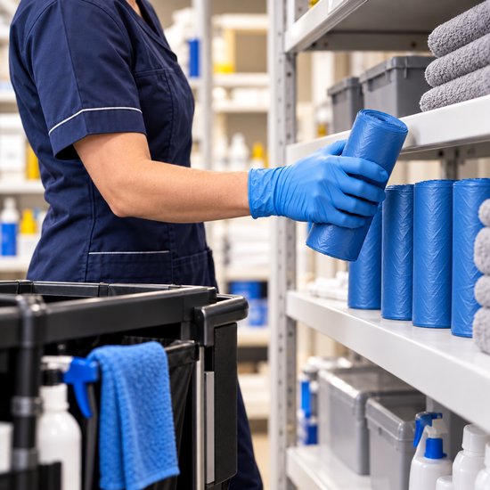 Schoonmaker met blauwe handschoenen pakt een rol blauwe afvalzakken uit een stellingkast.