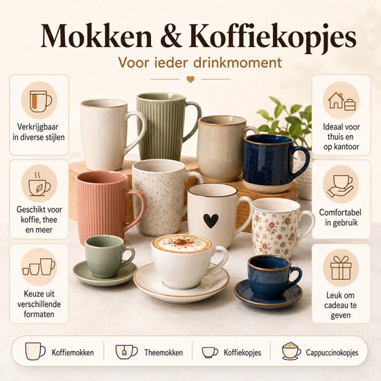 Assortiment mokken en koffiekopjes in diverse stijlen en formaten voor koffie en thee met tekst in het Nederlands.