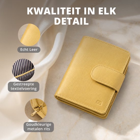 Botergele leren portemonnee met inzetstukken tonend echt leer, gestreepte voering en goudkleurige rits.