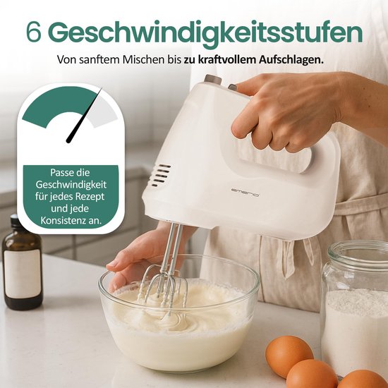 HM-124178 Elektrische handmixer, handmixer, 250 watt, 6 snelheden en turboknop, extra lange garde + kneedhaak van roestvrij staal (vaatwasmachinebestendig) — afbeelding 2