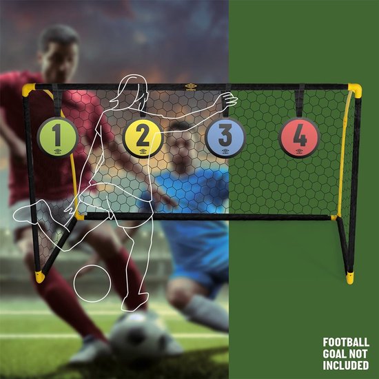 Zwarte voetbalgoals met 4 doelen: geel (1), geel (2), blauw (3) en rood (4). Gele paaltjes.