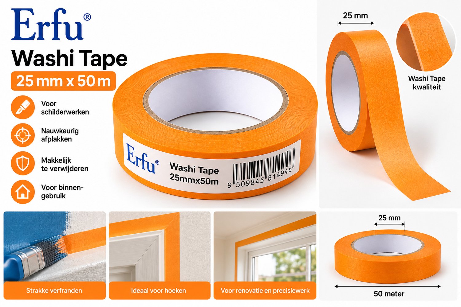 ERFU Washi Tape Oranje 25 mm x 50 m – Professionele Afplaktape – Schilderstape voor Precisiewerk – Masking Tape – Voor Schilderwerken en Renovatie