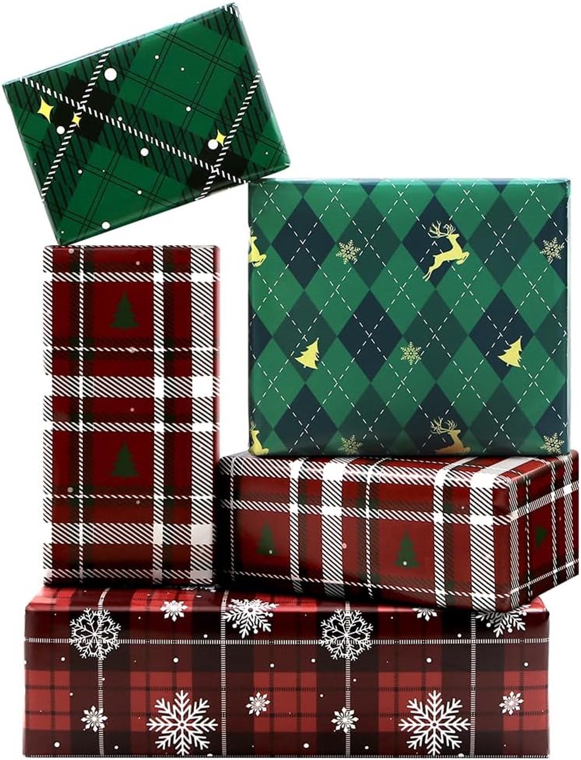 Kerstcadeaupapier 50 x 70 cm - groen-rood geruit - sneeuwvlok en kerstboom - perfect voor kerstfeest - Vemera