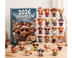 adventskalender 2026 highland cow kerst verzamelfiguur - 24 stuks - bruin wit rood - acryl materiaal - 6cm mini beeldjes - grappige cosplay koe ontwerp - kerst decoratieve figuren - geschikt voor kerstfeest en boerderijfans