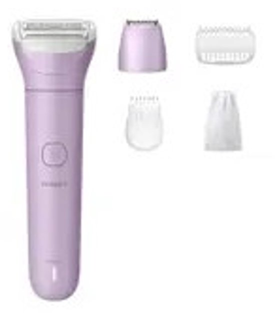 Paars Philips Ladyshave scheerapparaat met drie extra accessoires voor nat en droog gebruik.