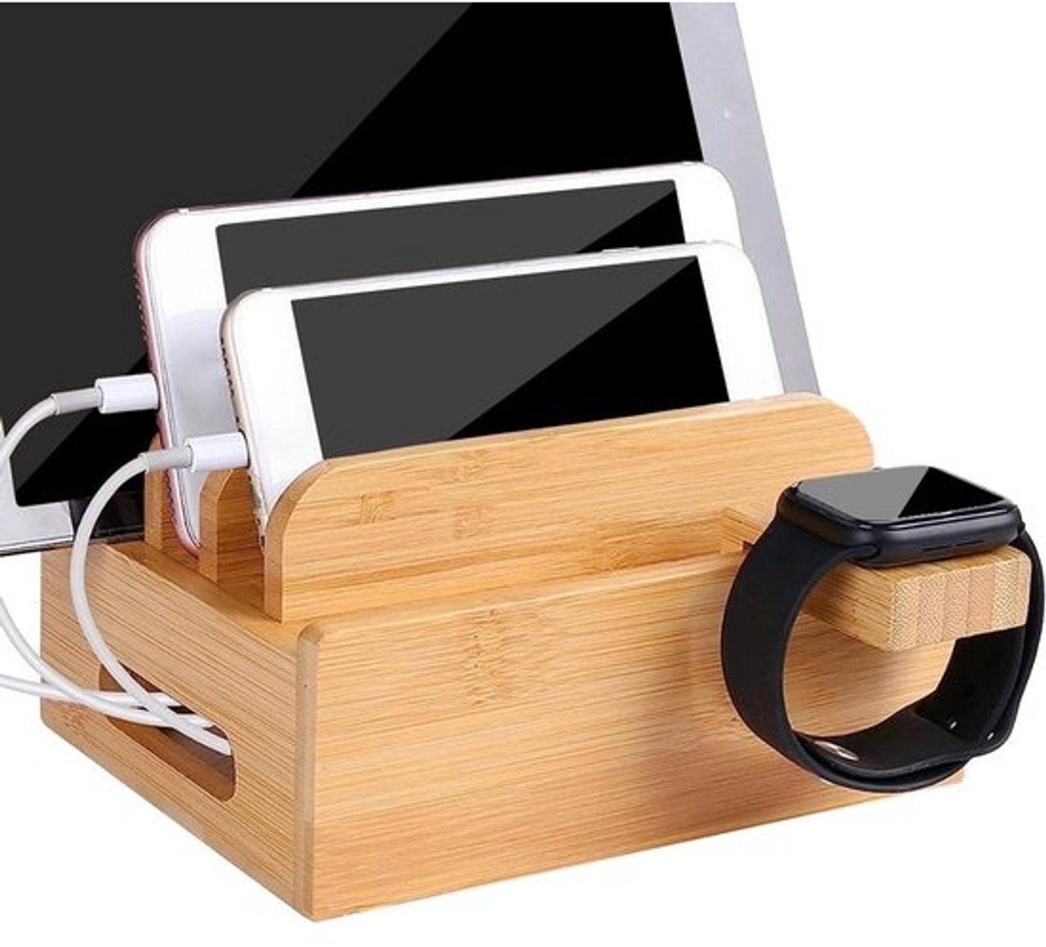 Houten Laadstation - Organizer Bureau - Elektronica Opladen - Natuurlijk Hout - 18 x 13 cm - Natuurlijk