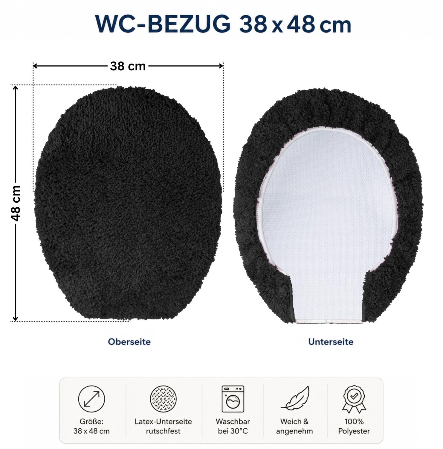 Brandsseller WC-dekselhoes 38x48 cm uitsparing van zachte microvezelstof toiletzitting voor optimaal comfort en stijl zwart