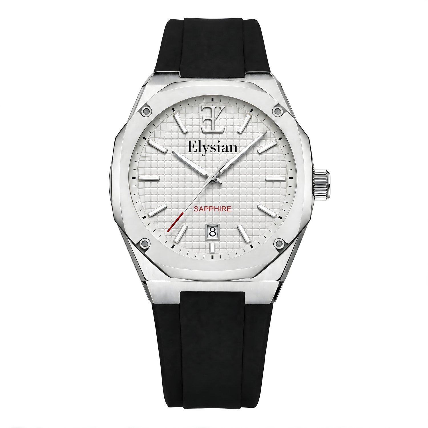 Elysian Octa Heren Horloge Wit 42mm - Saffierglas - 316L Staal - Zwart Rubber Band