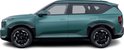 Zijprofiel van een jadegroene Kia EV5 met zwarte wielkasten en 5-spaaks velgen.
