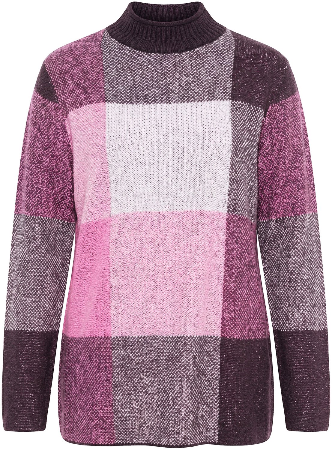 Ulla Popken - Dames - Pullover ruitpatroon opstaande kraag lange mouwen - Donkerbruin - Maat 54+