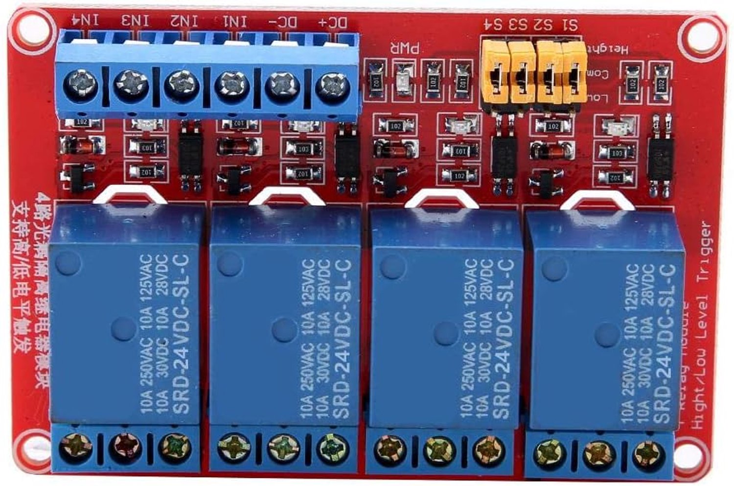 4-channel relay module, 5V/12V/24V, optocoupling relay module board top and bottom front (24V) - ShopVlot
