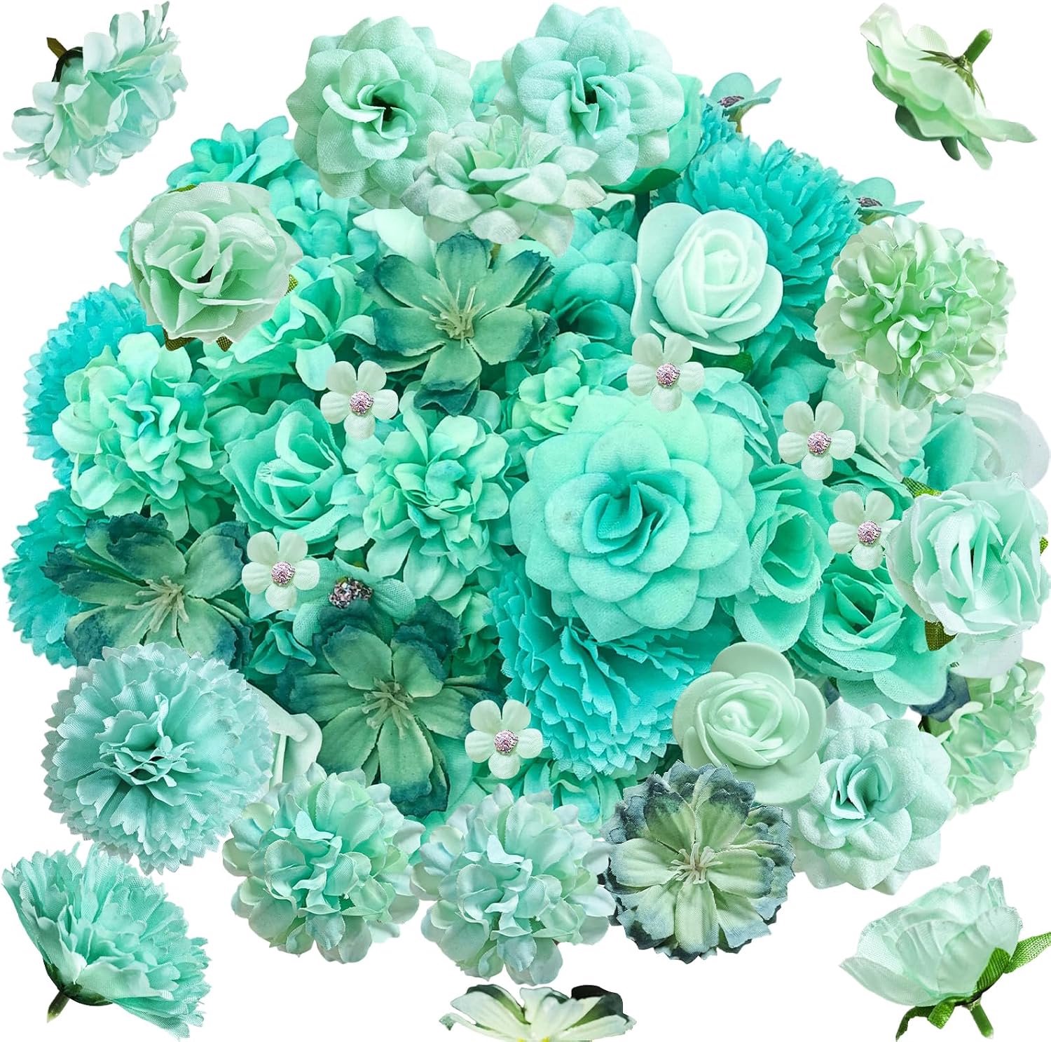 Mini kunstbloemen 70 stuks - mint groen zijde - diverse stijlen - ideaal voor DIY decoratie - Vemera