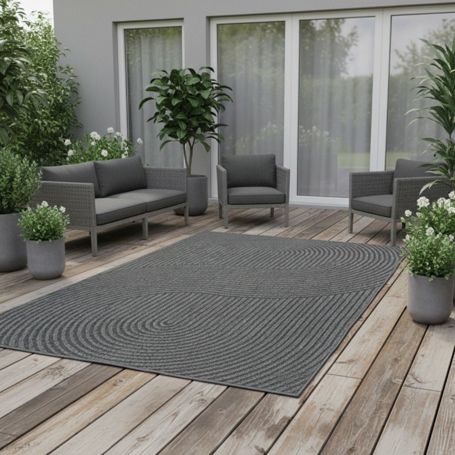 TapisTrend Designer tapijt Antraciet 300x400 cm Modern vloerkleed met sisal-look en geometrisch gebogen patroon, geschikt voor binnen- en buitengebruik, voor terras