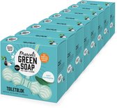 Rij van Marcel's Green Soap "Toiletblok mint eucalyptus" dozen. De dozen hebben een afbeelding van een eend en eucalyptus.