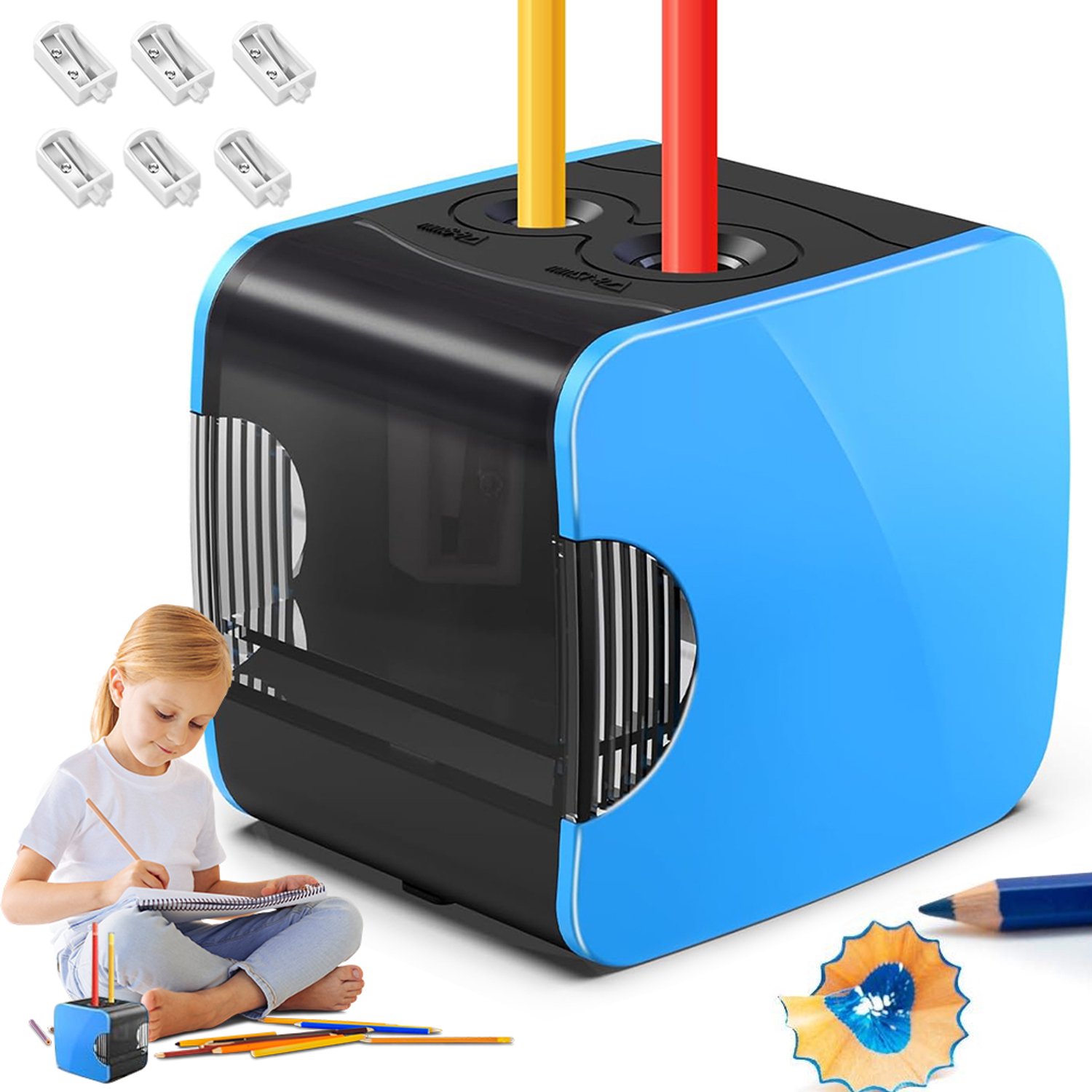 Elektrische Puntenslijper Voor Kinderen - Automatische Puntenslijper - Kantoorslijper - Dubbele Gaten - Voor Potloden 6-8 mm & 9-12 mm - met Opvangbakje - Kindveilig Ontwerp - Voor Thuis & Klas & Kantoor