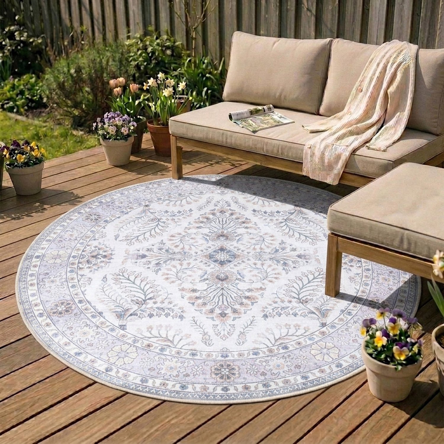 FRAAI Rond vintage buitenkleed - Santo Flora Wit - Ø160cm