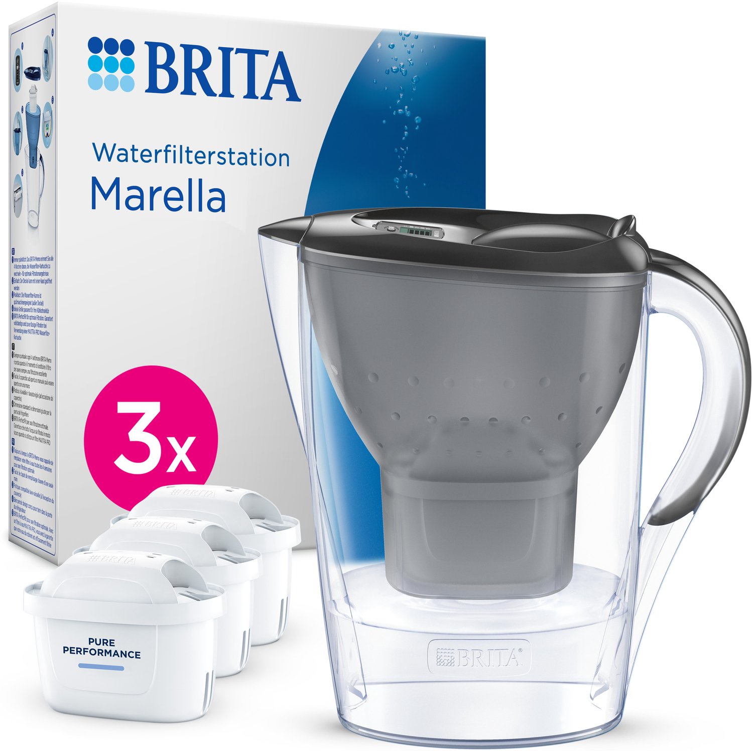 Bol.com BRITA - Waterfilterkan - Marella Cool - 2,4L - Grijs - incl. 3 MAXTRA PRO ALL-IN-1 waterfilterpatronen - Voordeelverpakking aanbieding