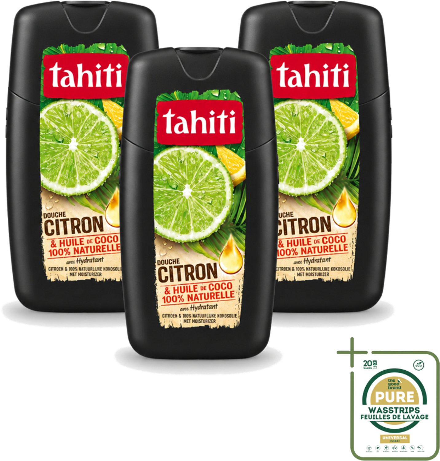 3 x Tahiti - Douchegel - Citroen & Kokosolie - Hydraterend - 250 ml - Wasstrips - Douchegel Citroen Kokosolie - Hydraterende Douchegel - Citroengeur Douchegel - Kokosolie Douchegel - Natuurlijke Douchegel