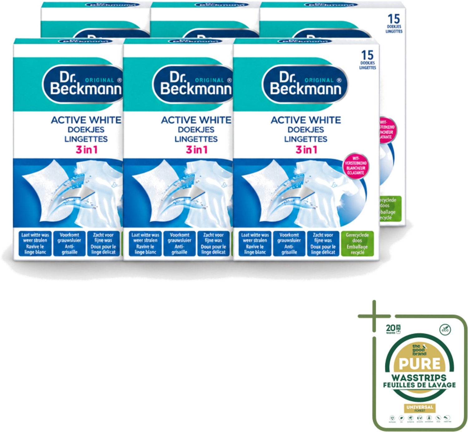 6 x Dr. Beckmann - Kleurverzorging - Active White - Witte Was - 15 Doekjes - Wasstrips - Witwas - Grauwsluier Verwijderen - Witte Was Herstellen - Actieve Witmaker - Was Reinigen