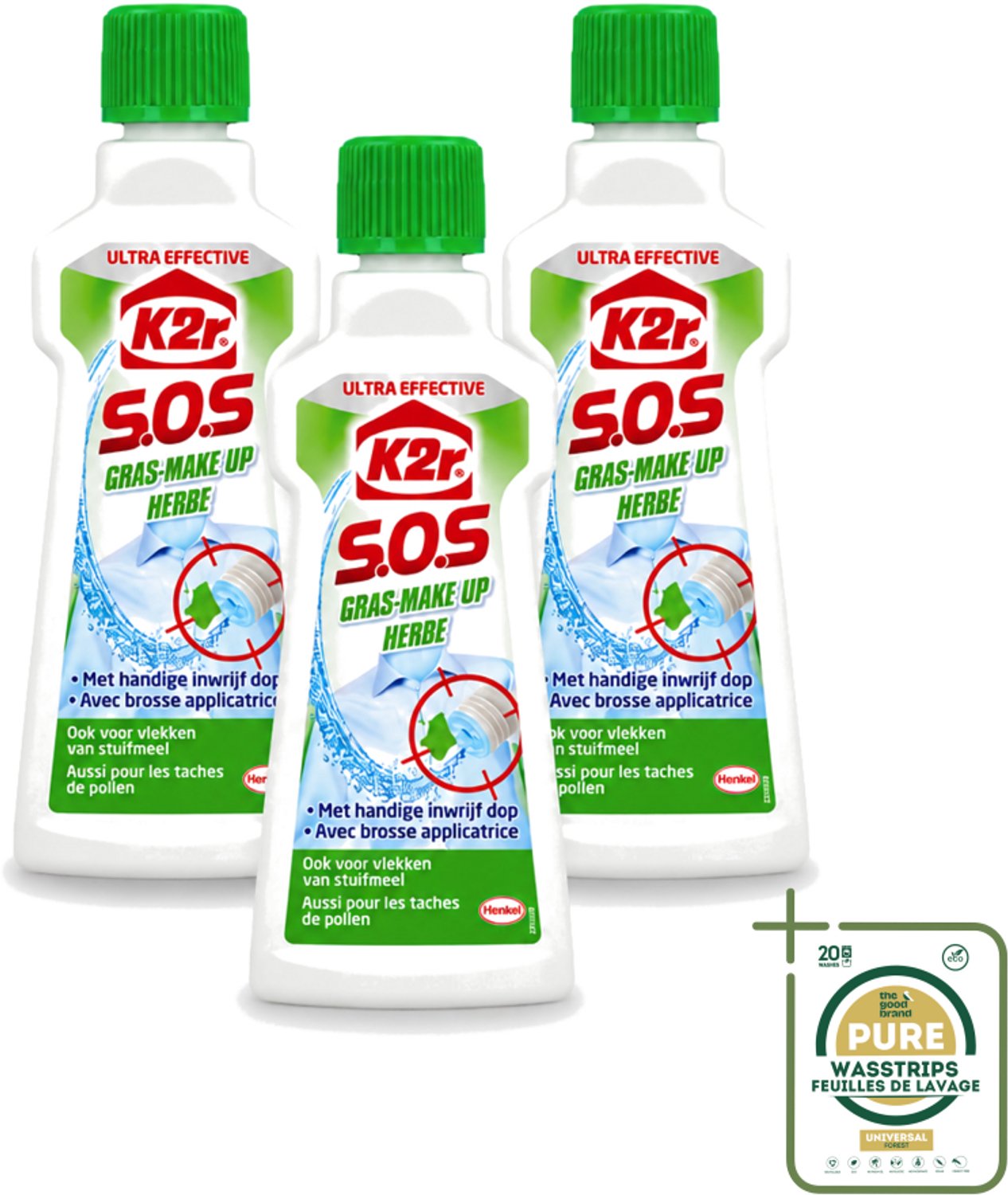3 x K2R - SOS Vlekverwijderaar - Gras & Make-up - 50ml - Wasstrips - Vlekverwijderaar - Grasvlek - Make-upvlek - Textielverwijderaar - Vlekken Verwijderen