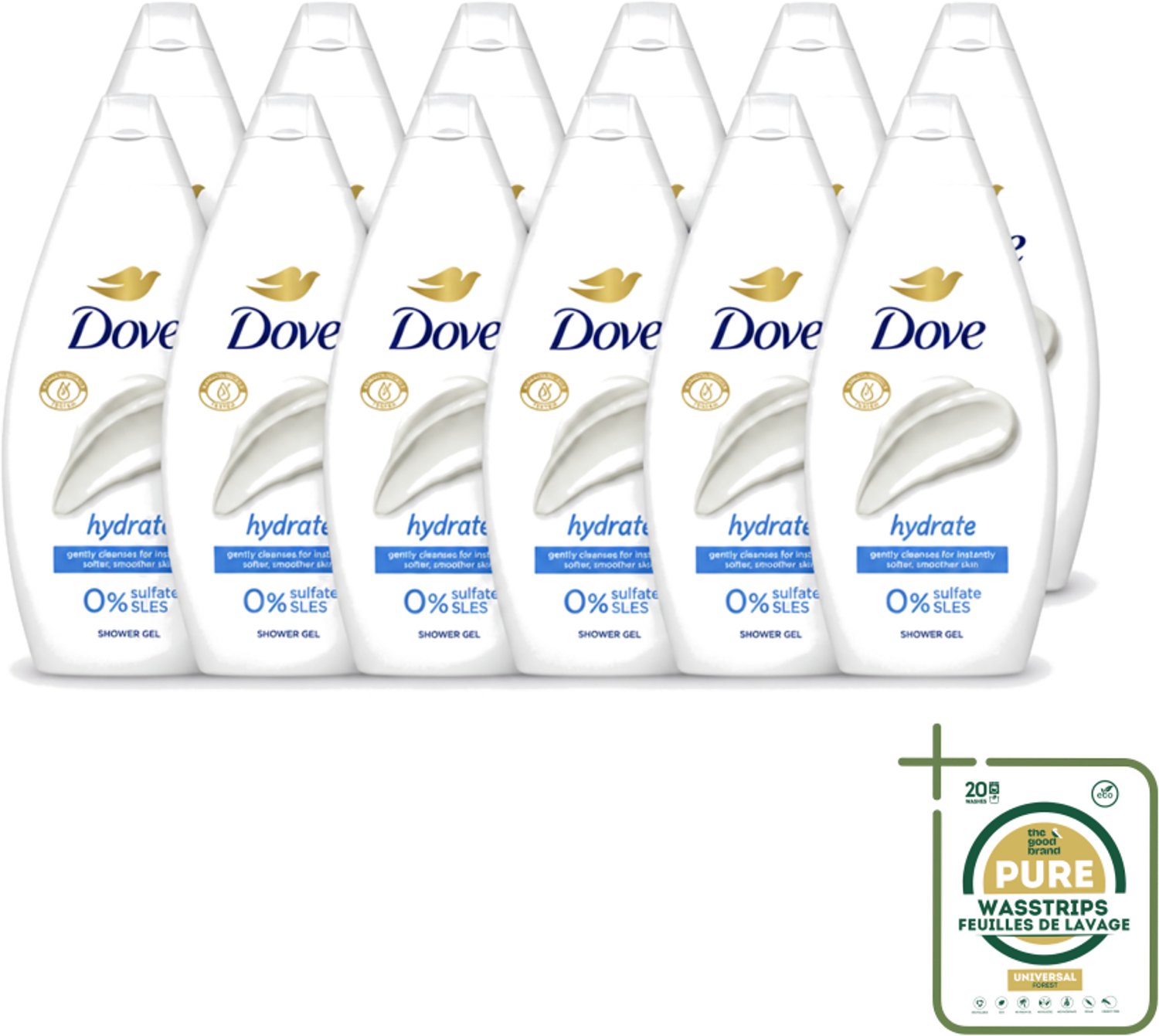 12 x Dove Hydrate - Douchegel - Sulfaatvrij - 250 ml - Wasstrips - Hydraterende Douchegel - Sulfaatvrije Douchegel - Zachte Huid - Huidverzorging - Huidhydratatie
