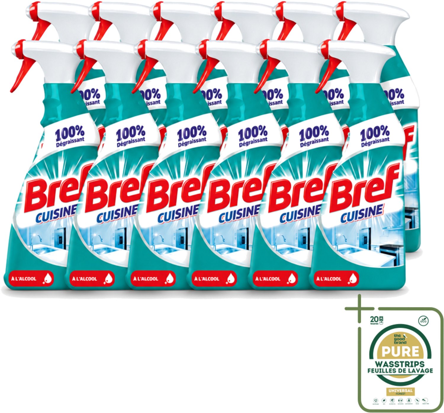 12 x Bref Keuken - Reinigingsspray - Ontvetter - Met Alcohol - 750 ml - Wasstrips - Keuken Reinigen - Ontvetter - Keuken Spray - Werkblad Reinigen - Keuken Hygiëne