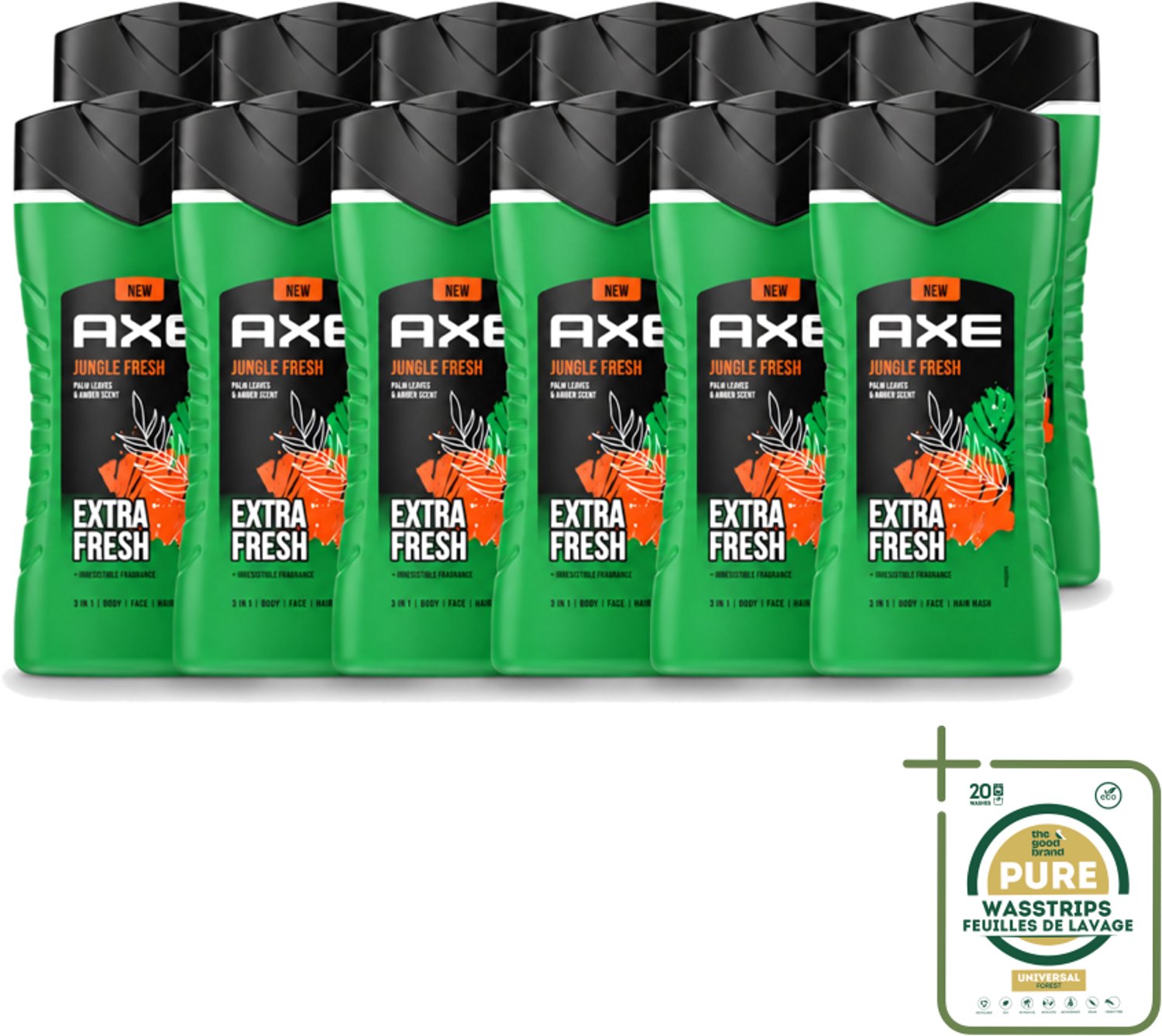 12 x Axe - 3-in-1 Douchegel - Jungle Fresh - Palm Leaves & Amber - Extra Fresh - 250 ml - Wasstrips - Douchegel - Lichaam - Gezicht - Haar - Frisheid