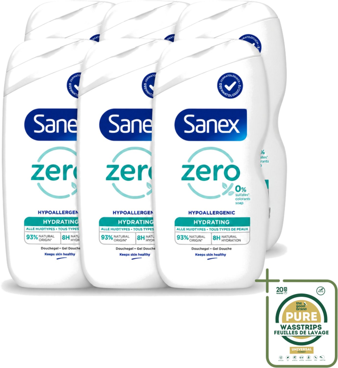 6 x Sanex Zero % - Douchegel - Hydrateert - Alle Huidtypes - 400 ml - Wasstrips - Douchegel - Huidverzorging - Hydraatende Douchegel - 0% Sulfaten - 0% Kleurstoffen