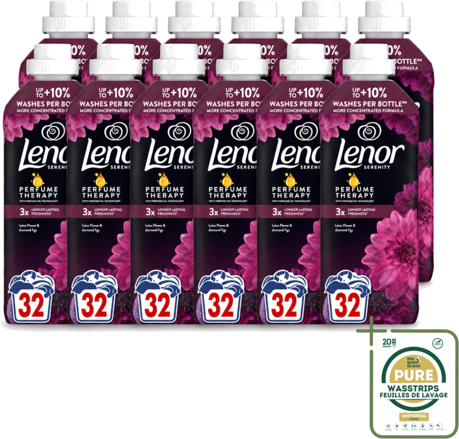 12 x Lenor – Wasverzachter – Lotus Flower & Diamond Figs – 32 Wasbeurten – 675 ml - Wasstrips - Wasverzachter - Wasmachine - Geur - Wasbeurt - Kleding Verzachten