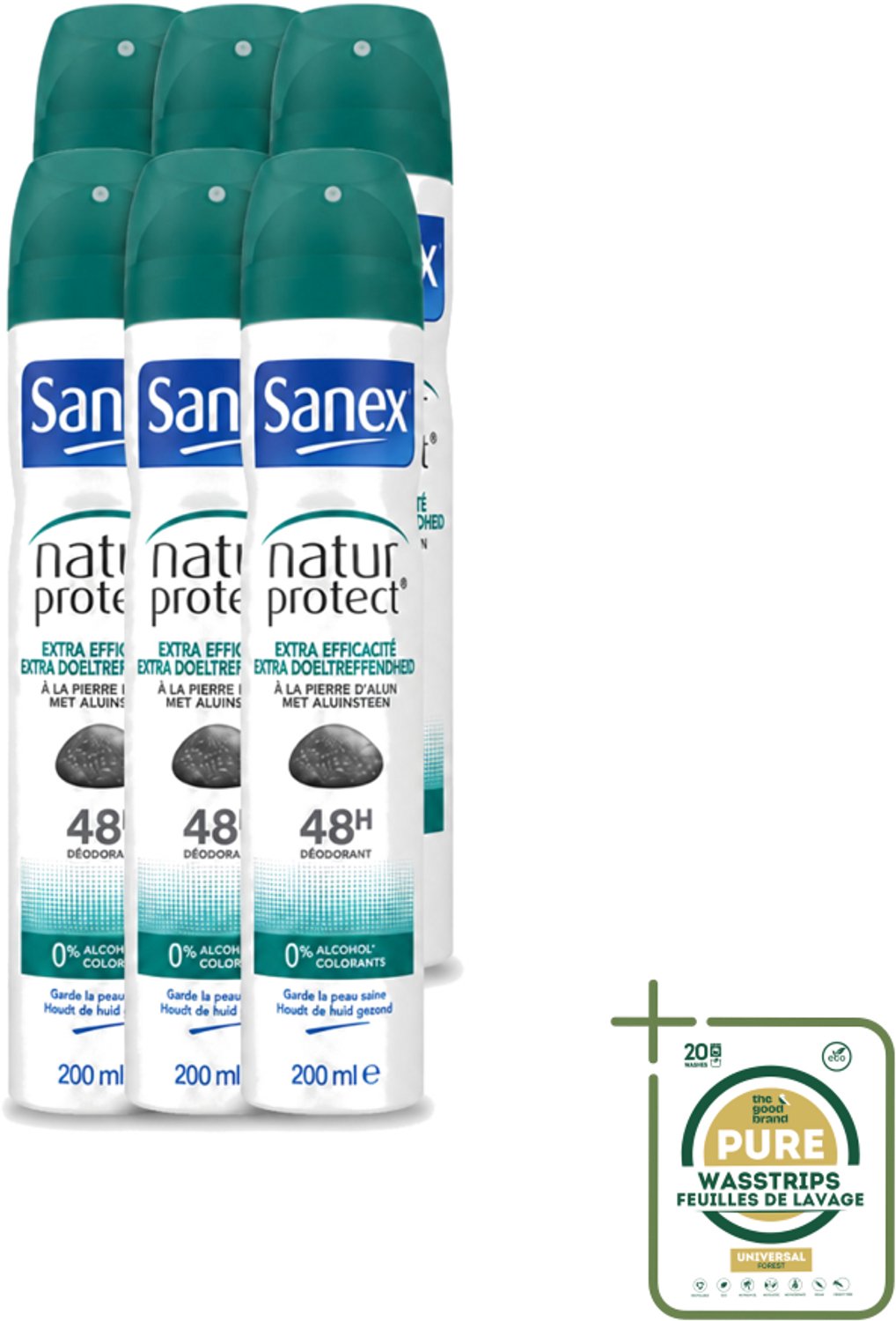 6 x Sanex – Deodorant Spray – Aluinsteen – 200 ml - Wasstrips - Deodorant Spray - Natuurlijke Deodorant - Aluinsteen - Frisse Geur - Huidvriendelijk