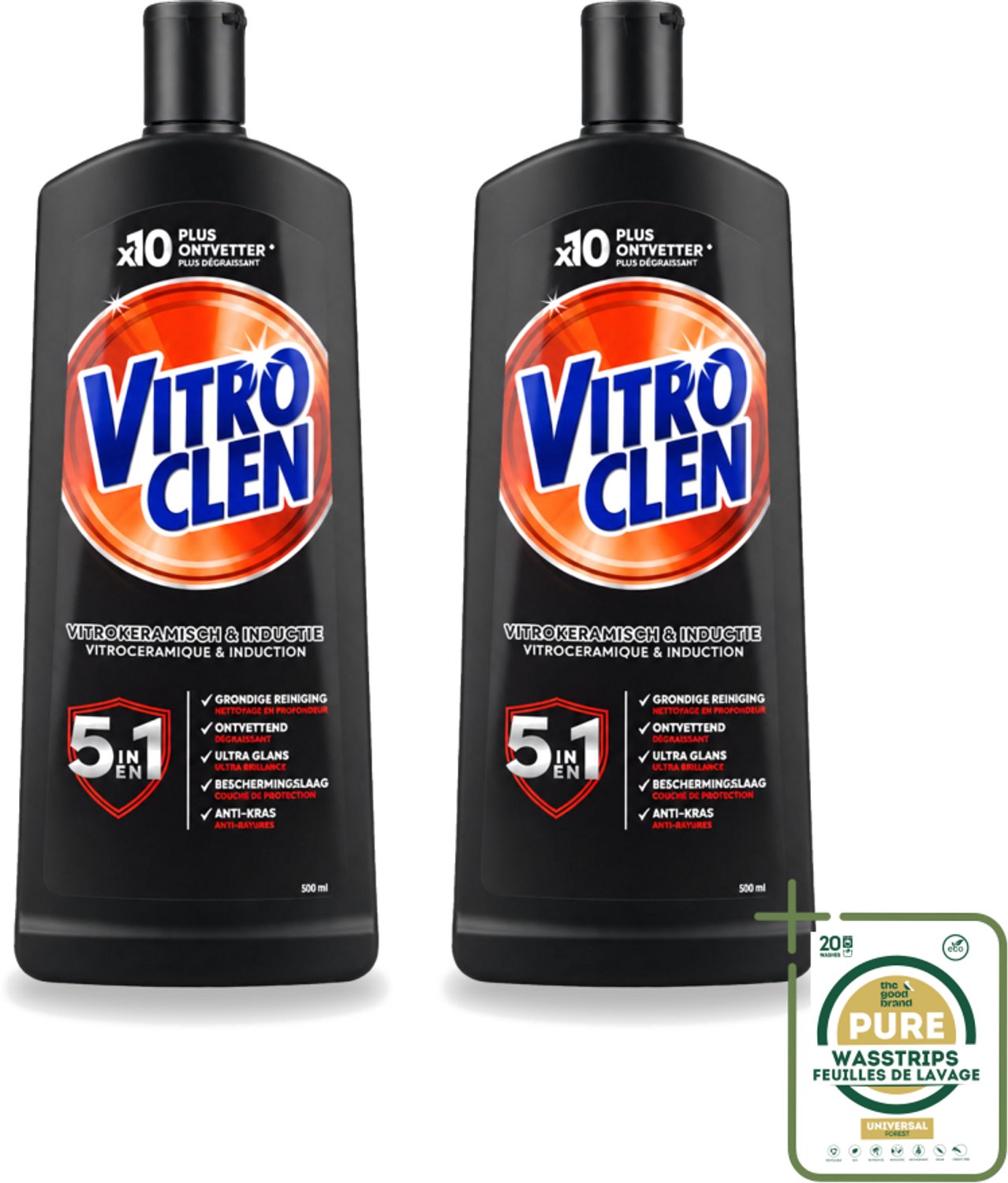 2 x Vitroclen - Kookplaatreiniger - Keramisch & Inductie - 5 in 1 - 500 ml - Wasstrips - Keramische Kookplaat Reinigen - Inductiekookplaat Reinigen - Kookplaat Reiniger - Kookplaat Beschermen - Vlekken Verwijderen