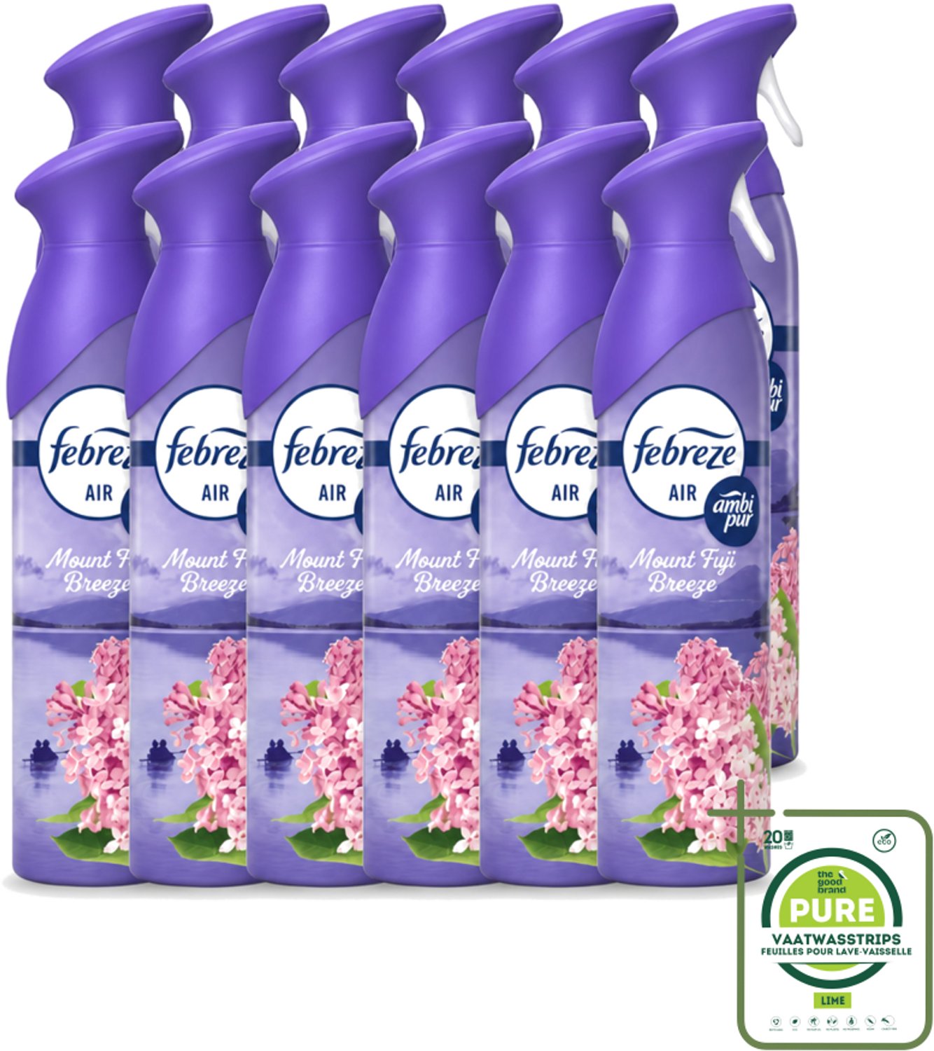 12 x Febreze – Luchtspray – Mount Fuji Breeze – 185 ml - Grootverpakking - Vaatwasstrips - Luchtverfrisser Spray - Geurverwijdering - Geur Neutraliseren - Mount Fuji Geur - Frisse Geur