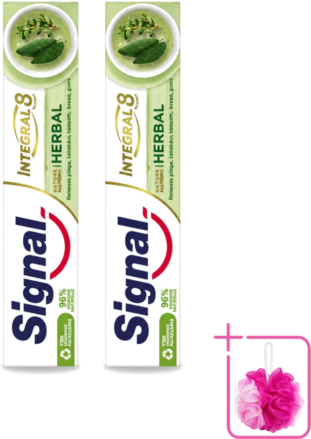 2 x Signal - Integral & Actions - Tandpasta - Natuurlijke Kruiden - Gerecyclede Verpakking - 75 ml - Bulkverpakking - Tandpasta - Douchemop - Natuurlijke kruiden