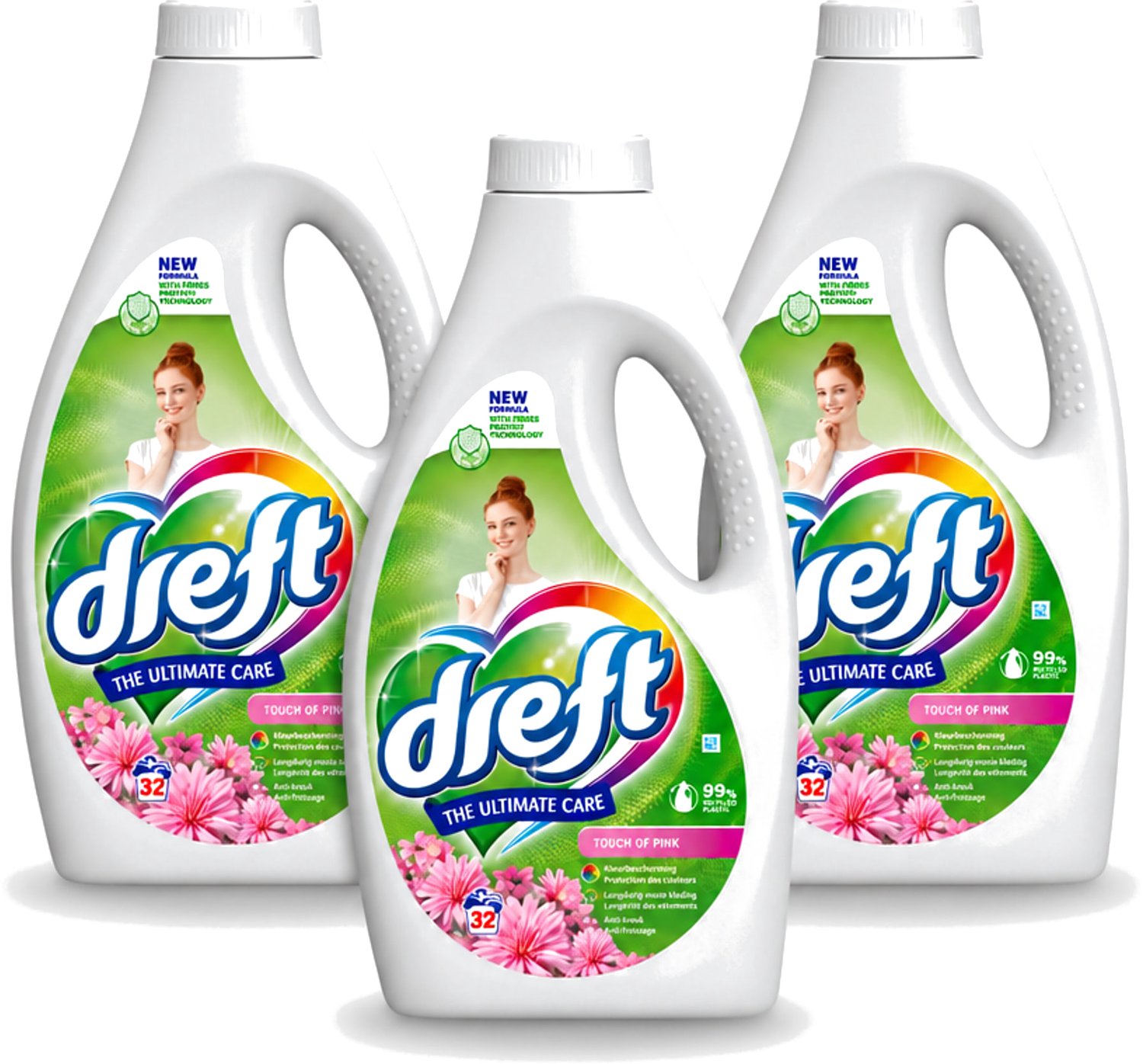 3 x Dreft - Ultimate Care - Vloeibaar Wasmiddel - Gekleurde Was - Een Vleugje Roze - 32 Wasbeurten - Voordeelverpakking - 3 stuks