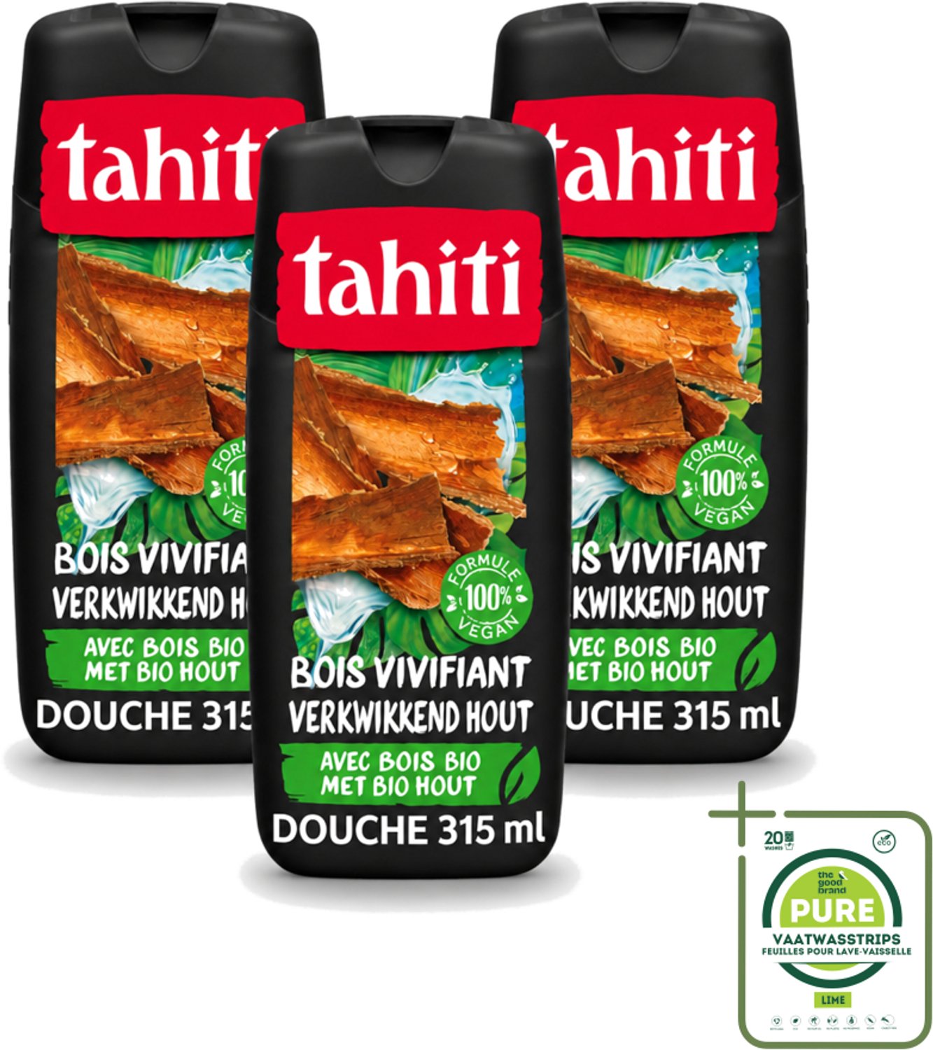 3 x Tahiti – Douchegel – Tropenhout Vegan - 315 ml - Grootverpakking - Vaatwasstrips - Douchegel Tropisch Hout - Vegan Douchegel - Natuurlijke Douchegel - Houtgeur Douchegel - Energieke Douchegel