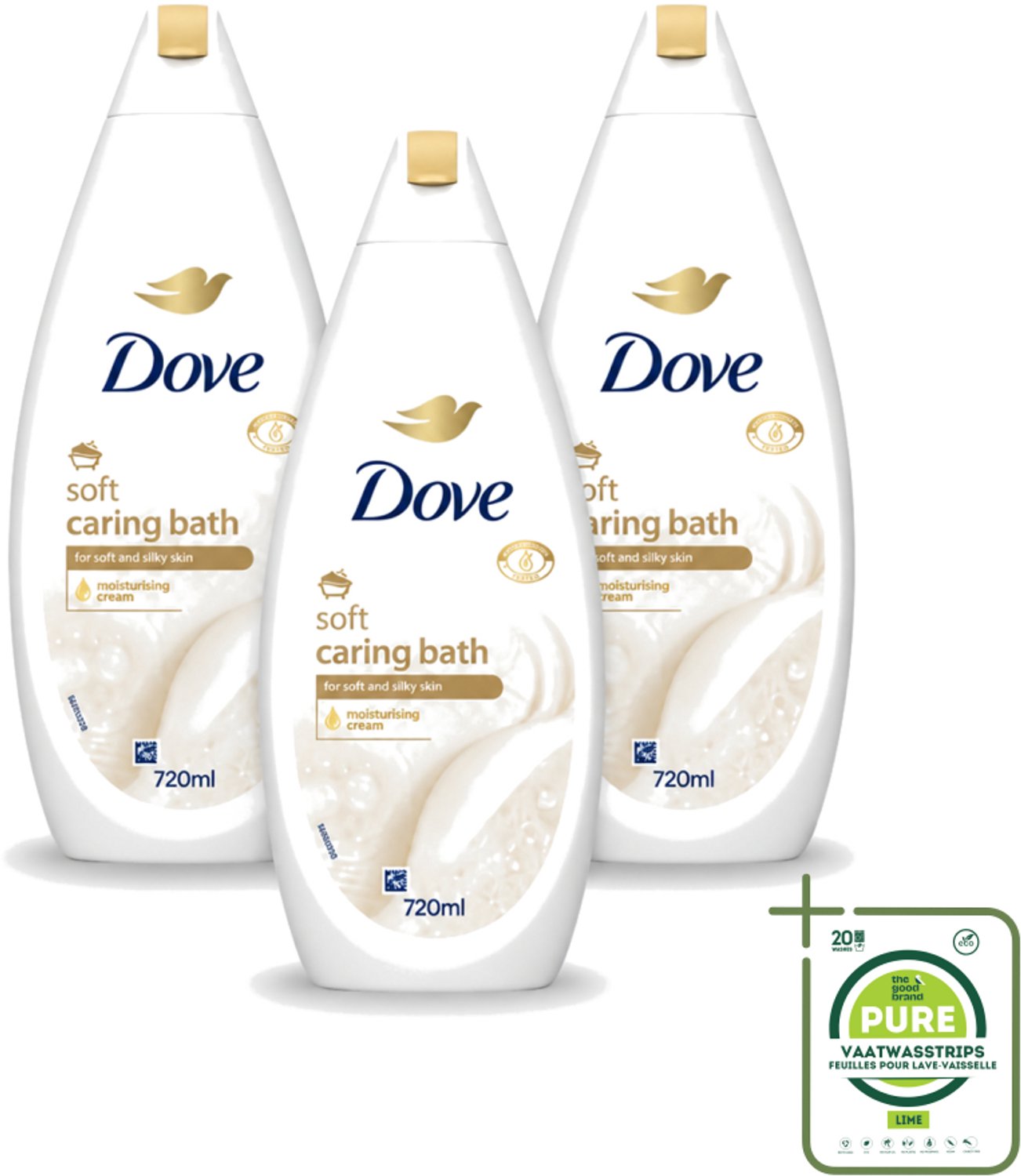 3 x Dove – Badcrème – Soft – 720 ml - Grootverpakking - Vaatwasstrips - Douchegel - Zachte Reiniging - Zijdeachtige Huid - Glycerine - Huidverzorging