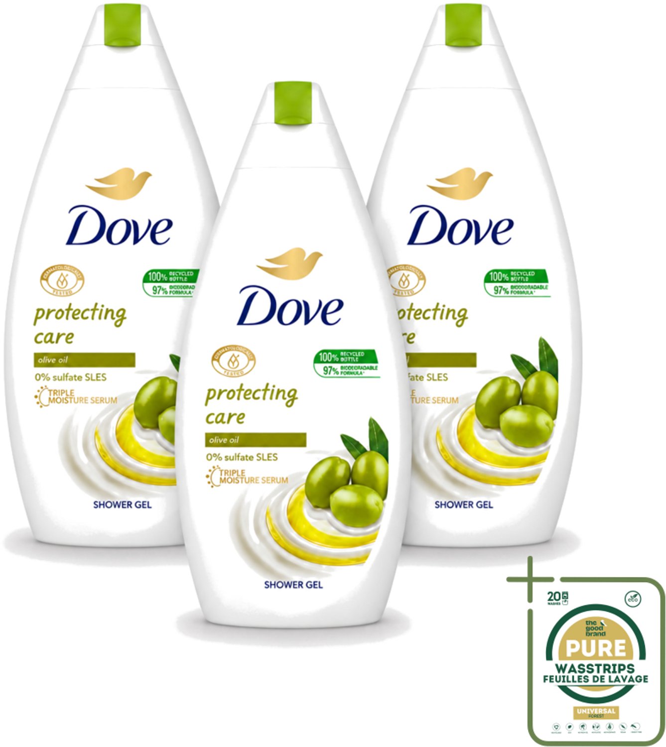 3 x Dove Protecting Care - Douchegel - Olijfolie - Sulfaatvrij - 450 ml - Wasstrips - Douchegel - Olijfolie - Huidverzorging - Sulfaatvrije Douchegel - Hydraterende Crème
